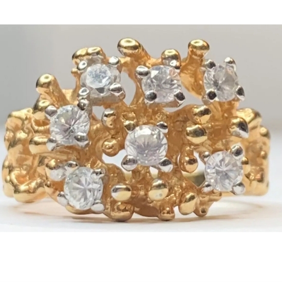 Vintage Brutalist MCM 18K GEA Yellow Gold Plated Rhinestone American Ring Size 6 - Picture 1 of 8